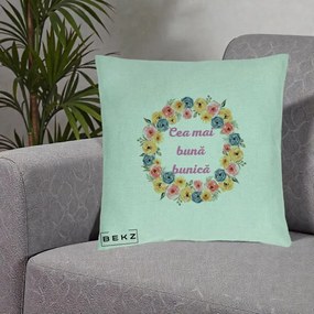 Cadou pentru Bunica - Perna Personalizata Cea Mai Buna Bunica Coronita Flori Multicolore, 40x40 cm, Verde Menta, Husa Detasabila, Perna Inclusa, BEKZ®
