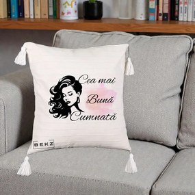 Cadou pentru Cumnata - Perna Personalizata Cea mai Buna Cumnata cu Silueta Dama si Pete Roz, 40x40 cm, Bej cu Franjuri, Husa Detasabila, Perna Inclusa, BEKZ®