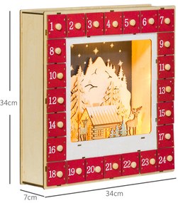 HOMCOM Calendar de Advent cu LED, decorațiuni de Crăciun din lemn, 24 sertare de umplut, decorațiune luminoasă, roșu | Aosom Romania