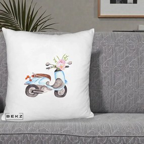 Perna Decorativa Scuter Albastru cu Flori Acuarela, 40x40 cm, Alb Pufos, Husa Detasabila, Perna Inclusa, BEKZ®