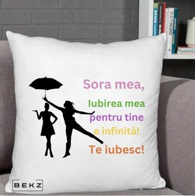 Cadou pentru Sora - Perna Personalizata Sora Mea Te Iubesc Siluete Colorate Umbrela, 40x40 cm, Alb Pufos, Husa Detasabila, Perna Inclusa, BEKZ®