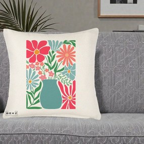 Perna Decorativa Flori in Vaza Turcoaz, 40x40 cm, Crem Reliefat, Husa Detasabila, Perna Inclusa, BEKZ®