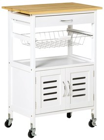 HOMCOM Carrito de Cocina cu Roti Caru cu Depozitare Multifunctional cu Suprafata de Lucru din Bambus Sertar Cos Metalic si Dulap cu 2 Usi cu Jaluzee 58x37x85,5 cm Alb | Aosom Romania