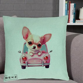 Perna Decorativa Chihuahua Roz in Masinuta, 40x40 cm, Verde Menta, Husa Detasabila, Perna Inclusa, BEKZ®