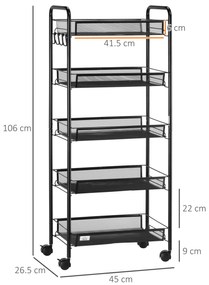 HOMCOM Cărucior de Bucătărie cu 5 Niveluri și Coșuri din Plasă, Soluție de Depozitare pentru Sufragerie, Design Modern | Aosom Romania