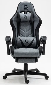 Scaun gaming cu masaj în perna lombară, sistem iluminare bandă LED RGB, suport picioare, material textil, Gri/Negru