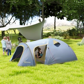 Outsunny Cort de camping pentru 4 persoane, cort tunel impermeabil cu 2 uși, cârlig, geantă de transport 3,45 x 2,4 x 1,3 m albastru deschis | Aosom Romania
