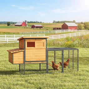 PawHut Cușcă pentru găini din lemn și oțel cu țarc, cuib, tavă pentru dejecții și acoperiș deschis 192x81,5x104cm portocaliu | Aosom Romania