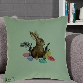 Perna Decorativa Iepuras cu Oua de Pasti Acuarela, 40x40 cm, Verde, Husa Detasabila, Perna Inclusa, BEKZ®