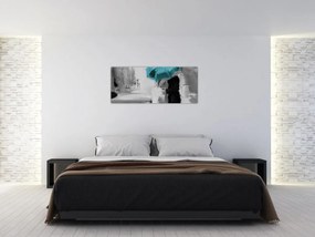 Tablou - Cuplu în dragoste cu umbrelă, albastru (120x50 cm)