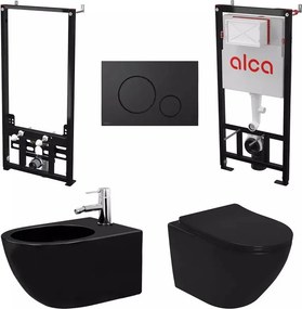 Set rezervor WC cu cadru incastrat Alca AM101/1120 si clapeta M678 negru plus vas WC Rea Carlo cu capac negru si bideu cu cadru