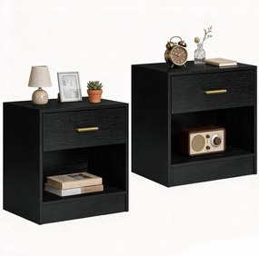 HOMCOM Set 2 Noptiere Moderne din Lemn cu Sertar și Poliță Deschisă, 39x28x41 cm, Negru | Aosom Romania