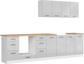Set bucatarie JUNONA LINE, gri deschis/alb, PAL, 300 cm, cu blat steja