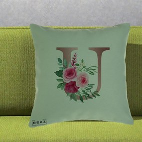 Cadou Personalizat - Perna Personalizata Monograma Rose Gold Litera U, 40x40 cm, Verde, Husa Detasabila, Perna Inclusa, BEKZ®