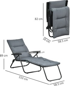 Outsunny Șezlong pliabil înclinat 6 poziții, mare confort, cu saltea + cotiere, oțel poliester gri | Aosom Romania