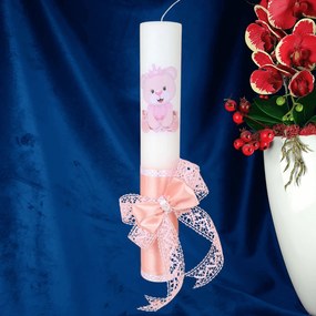 Lumanare botez decorata Ursulet roz 4,5 cm, 30 cm