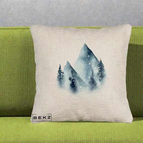 Perna Decorativa Munti Inzapeziti Acuarela Indigo, 40x40 cm, Bej Canapea, Husa Detasabila, Perna Inclusa, BEKZ®