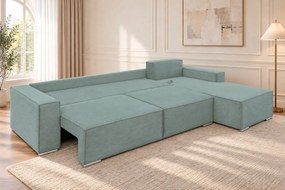Colțar extensibil Livia din catifea reiată, verde marin, colț pe dreapta, cu ladă de depozitare