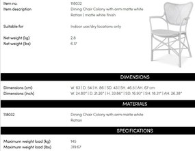 Scaun cu brate din ratan design LUX, Colony alb
