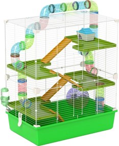 PawHut Cuștă pentru Hamsteri cu 5 Nivele, Tuburi, Căsuță, Rezervor de Apă și Roată, 59x36x69 cm, Verde | Aosom Romania