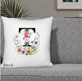 Cadou Personalizat - Perna Personalizata Monogram Litera T cu Flori Acuarela, 40x40 cm, Alb Pufos, Husa Detasabila, Perna Inclusa, BEKZ®