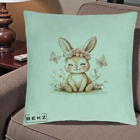 Perna Decorativa Iepuras cu Coronita Florala Roz, 40x40 cm, Verde Menta, Husa Detasabila, Perna Inclusa, BEKZ®