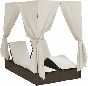 vidaXL Șezlong dublu cu perdele Alb cald 205 x 129 x 200 cm poliratan