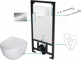 Set vas WC suspendat Deante Peonia Zero alb cu cadru de toaleta, rezervor ascuns si buton de actiune crom