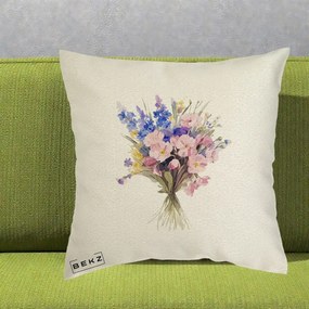 Perna Decorativa Buchet Floral Acuarela Primavara, 40x40 cm, Ecru, Husa Detasabila, Perna Inclusa, BEKZ®