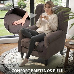 HOMCOM Fotoliu Maro în Stil Francez cu Picioare Îmbrăcate în Lemn și Perne cu Huse Detașabile, 74x86x102 cm, Maro | Aosom Romania