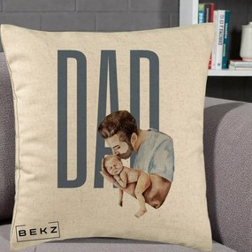 Cadou pentru Tata - Perna Personalizata DAD Tata si Nou-Nascut, 40x40 cm, Bej, Husa Detasabila, Perna Inclusa, BEKZ®