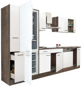 Mobilă de bucătărie Yorki 310, corp din stejar Yorki, față alb satinat, frigider cu congelator în partea de jos