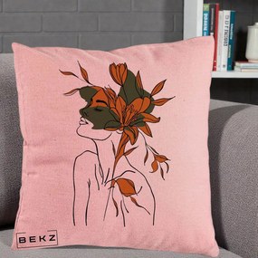 Perna Decorativa Portret Feminin Crin Auriu, 40x40 cm, Roz, Husa Detasabila, Perna Inclusa, BEKZ®