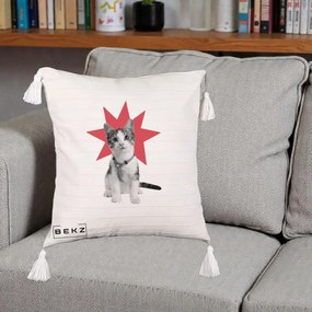 Perna Decorativa Pisica Star Pop Art, 40x40 cm, Bej cu Franjuri, Husa Detasabila, Perna Inclusa, BEKZ®