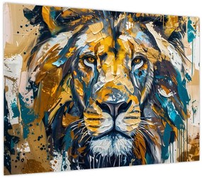 Tablou pe sticlă - pictură în ulei abstractă cu leu (70x50 cm)