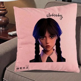 Perna Personalizata Wednesday Addams Portret Realist, 40x40 cm, Roz, Husa Detasabila, Perna Inclusa, BEKZ®