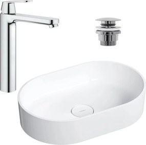 Pachet lavoar pe blat Omnires Ovo M+ alb 55 cm, baterie lavoar Grohe Eurosmart Cosmopolitan XL crom si ventil lavoar Click-Clack crom