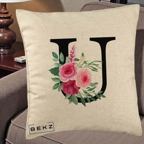 Cadou Personalizat - Perna Personalizata Monograma Florala Litera U, 40x40 cm, Bej, Husa Detasabila, Perna Inclusa, BEKZ®