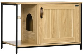 PawHut Casă Toaletă pentru Pisici, cu ușă de intrare laterală și minge suspendată, Oțel Negru și Lemn, 80 x 48 x 55 cm | Aosom Romania