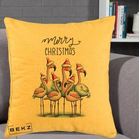 Perna Decorativa Flamingo Merry Christmas, 40x40 cm, Galben, Husa Detasabila, Perna Inclusa, BEKZ®