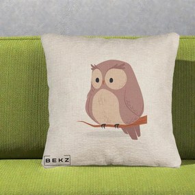 Perna Decorativa Bufnita Kawaii pe Creanga, 40x40 cm, Bej Canapea, Husa Detasabila, Perna Inclusa, BEKZ®