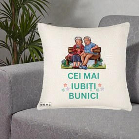 Cadou pentru Bunici - Perna Personalizata Cei Mai Iubiti Bunici Cuplu pe Banca Ilustratie, 40x40 cm, Crem Reliefat, Husa Detasabila, Perna Inclusa, BEKZ®