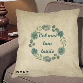 Cadou pentru Bunic - Perna Personalizata Cel Mai Bun Bunic Coronita Flori Albastre Teal, 40x40 cm, Crem, Husa Detasabila, Perna Inclusa, BEKZ®