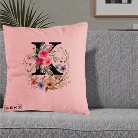Cadou Personalizat - Perna Personalizata Monogram Litera K cu Flori Acuarela, 40x40 cm, Roz, Husa Detasabila, Perna Inclusa, BEKZ®