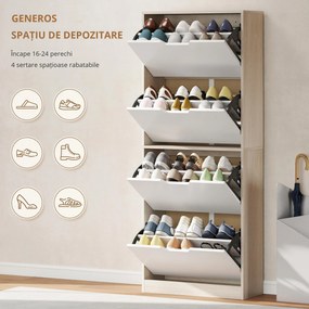 HOMCOM Dulap Subțire pentru Pantofi cu 4 Sertare pentru 16 de Perechi de Pantofi 62.5x26x156 cm, Culoare Lemn și Alb | Aosom Romania