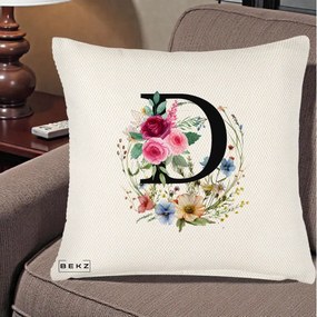 Cadou Personalizat - Perna Personalizata Monogram Litera D cu Flori Acuarela, 40x40 cm, Crem Reliefat, Husa Detasabila, Perna Inclusa, BEKZ®