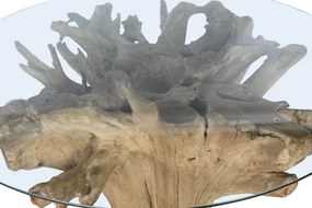 Masă dining rotundă din rădăcină de teak cu blat din sticlă securizată, 160×160×76 cm, „Raiz"