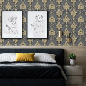 Tapet dormitor stil baroc, auriu, model Arabella