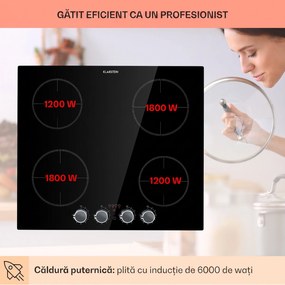 Klarstein Kochheld, plită cu inducție cu 4 zone, 6000 W, butoane rotative, sticla, negru
