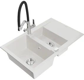 Mexen Gaspar Chiuvetă de granit de 1,5 compartiment cu picurător și baterie de bucătărie Duo, Albă - 6507-20-671701-07